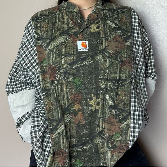 Reworked Carhartt Upcycled Camo Long Sleeve Flannel Sweater Relaxed Baggy Shirt - Picture 4 of 4